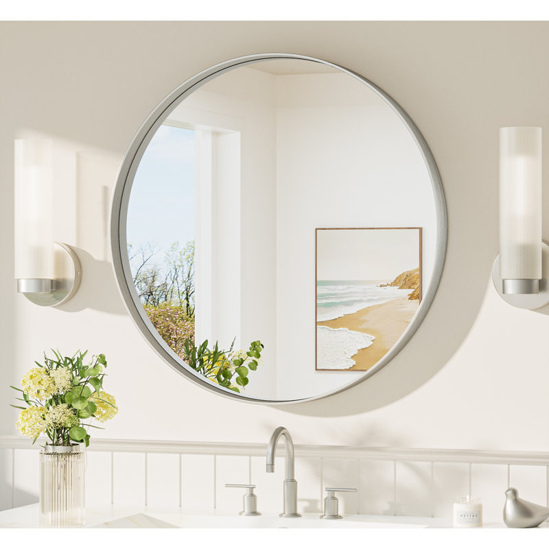 Valancia Round Bathroom Mirror with Aluminum Frame, Tempered Glass, Silver, 24" x 24"