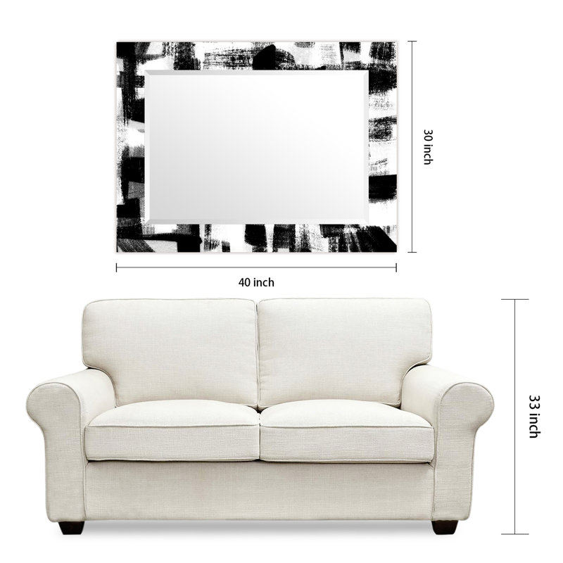Black Abstract Rectangular Beveled Mirror on Free Floating Reverse Printed Tempered Art Glass, 40" x 30"