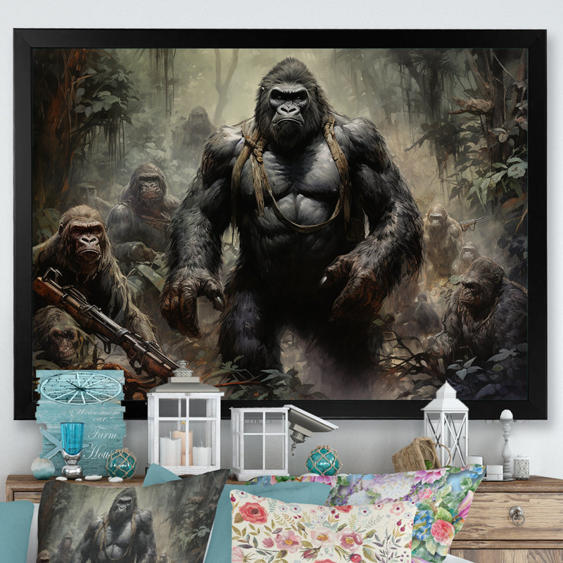 " Gorilla Soldier Jungle Journey ", 12" H x 20" W x 1" D, Black Single Picture Framed