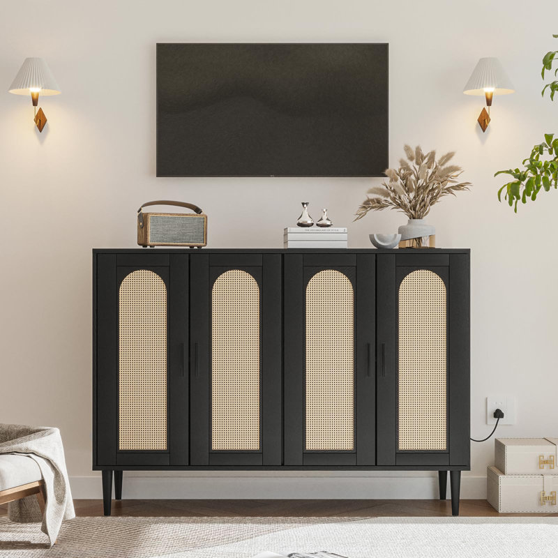 Black Rattan 4-Door Sideboard Buffet Cabinet with Power Outlet