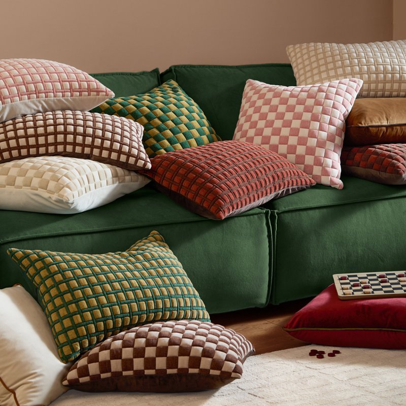 Softie Checkerboard Beige Square Throw Cushion, Feather, Beige Plaid