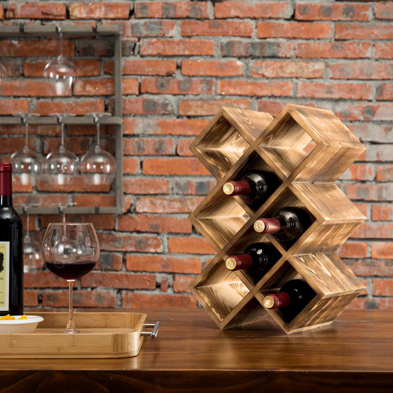 Manufactured Wood Tabletop Wine Bottle Rack in Burnt Natural Wood , Grey