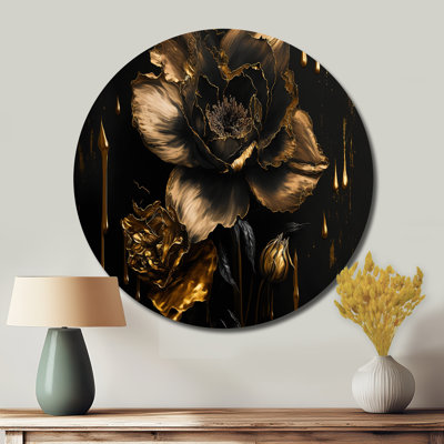 Black And Gold Daffodil Design II - Floral Round Metal Art
