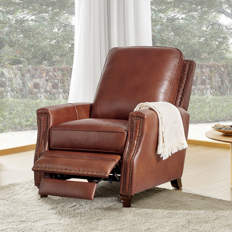 Andrena Genuine Leather Recliner with Nailhead Trim, Brown Genuine Leather