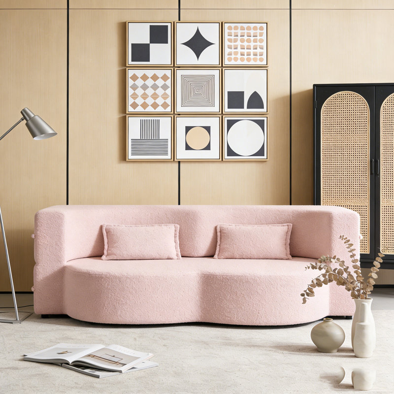 Modern Floor Sofa with 2 Pillows, Pink, Teddy