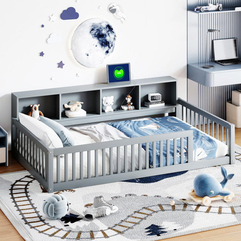 Lit en bois avec armoires de rangement et ports USB, Gris
