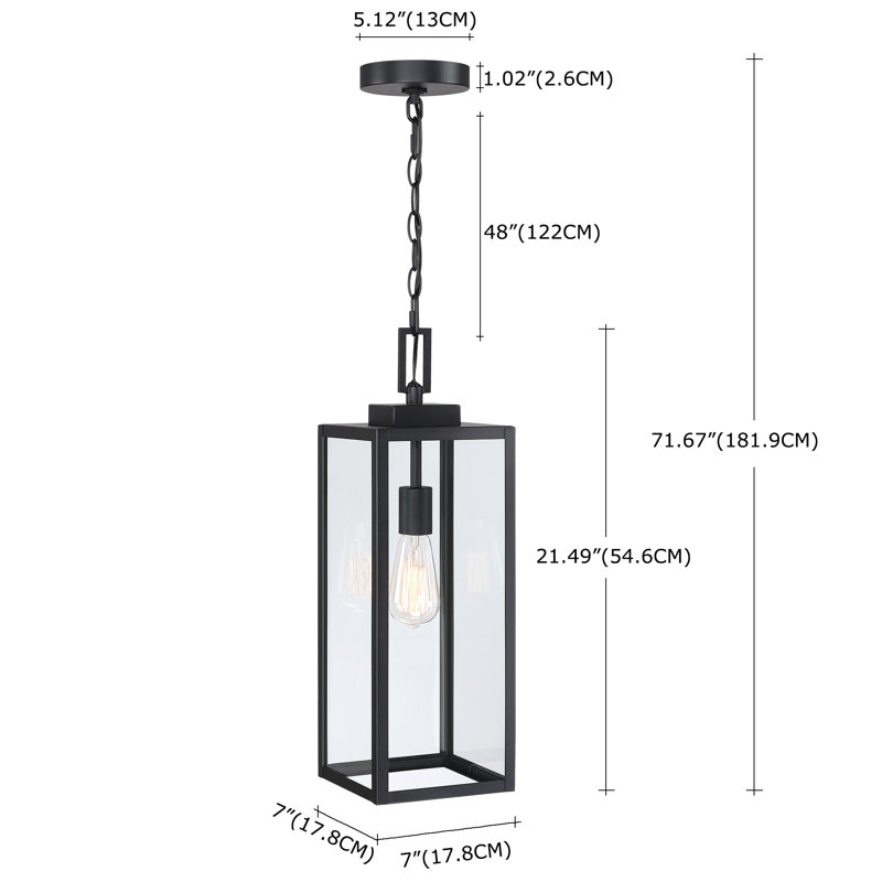 1-Light Outdoor Hanging Lantern Pendant with Matte Black Finish, 21.49"H x 7"W x 7"D