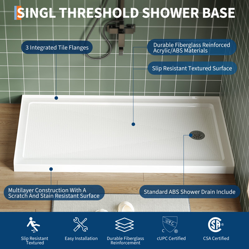 60x32 Inch Right Drain Shower Pan - Single Threshold Base, Non-Slip Textured Surface, Lightweight ABS Shower Base, Easy Install (Includes Drain Kit, White)