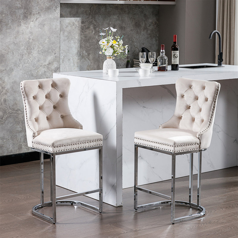 Kratsas Modern Velvet Bar Stools Set of 2 | Button Tufted & Rivet Trim, Chrome Metal Base for Kitchen Island, Gray