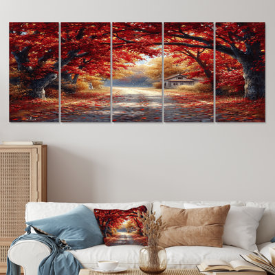 Red Autumn Road Coming Home - Tree Wall Art 5 Piece