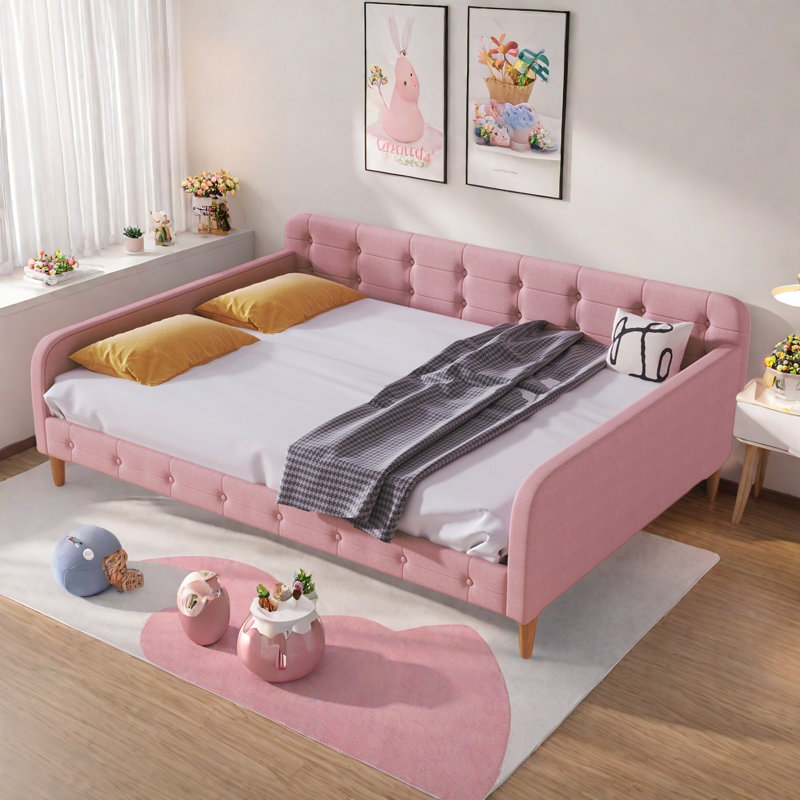 Modern Upholstered Daybed With 4 Support Legs And Button Tufted Design, Full/Double, Pink