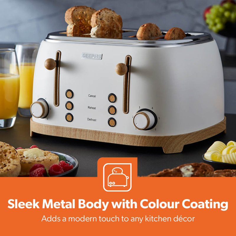 GEEPAS NordiQ 4 Slice Toaster | Matte Finish with Wood Accents | 6 Browning Levels Defrost Reheat & Cancel | Dual Control High Lift Removable Crumb Tray Cord Storage 2 Year Warranty 1500W