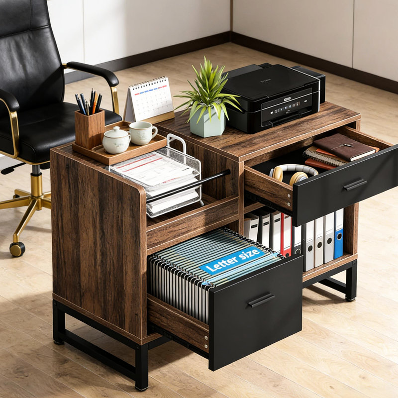 Rangement pratique - classeur latéral, tiroirs spacieux pour fournitures de bureau, livres à trois compartiments, compact et polyvalent, acier robuste, facile à nettoyer, armoire noire et brune idéale