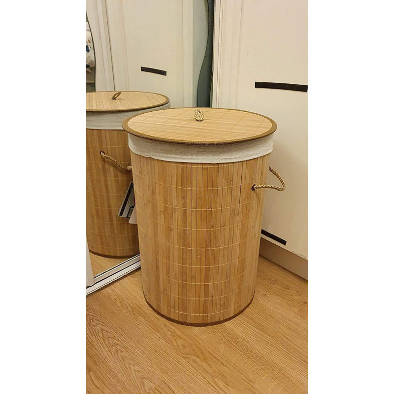 MantraRaj Bamboo Laundry Basket with Handle Round Collapsible Laundry Basket With Lid & Cloth Liner