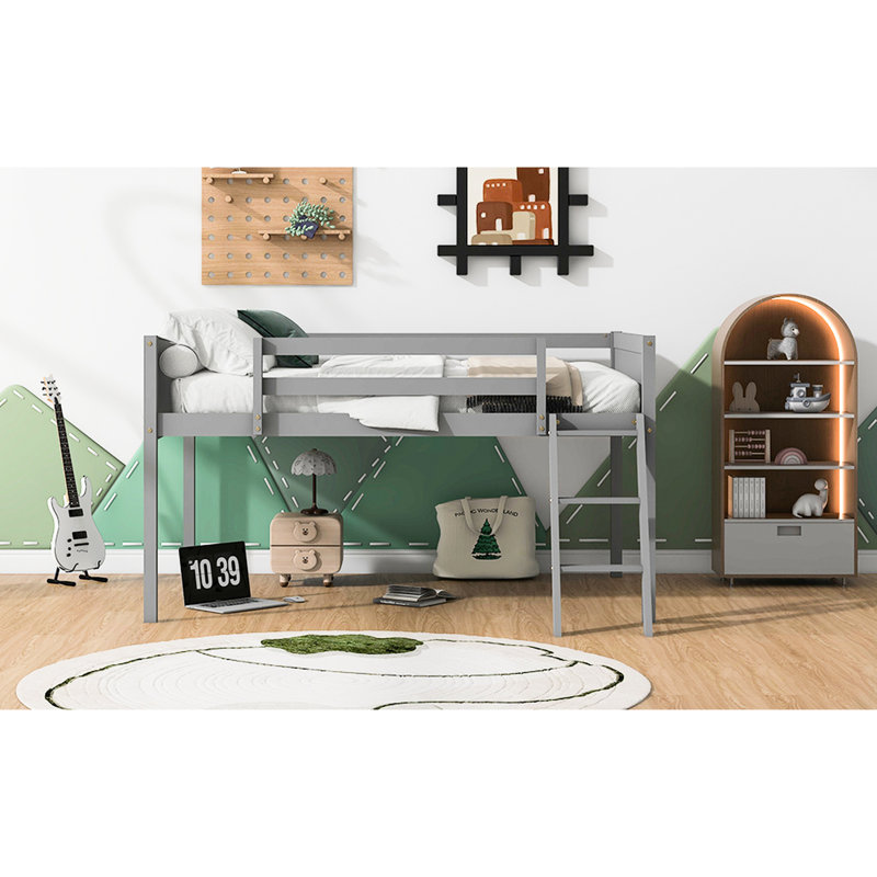 Lit mezzanine bas en bois gris avec lit convertible, coffre-fort et, sans sommier requis, Gris, Lit double