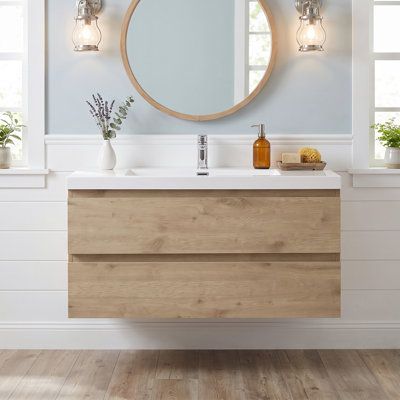 Meuble-lavabo suspendu flottant en mélamine de 91 cm (36 po) avec lavabo intégré en résine, armoire de salle de bain grise avec tiroirs à fermeture douce et poignées invisibles