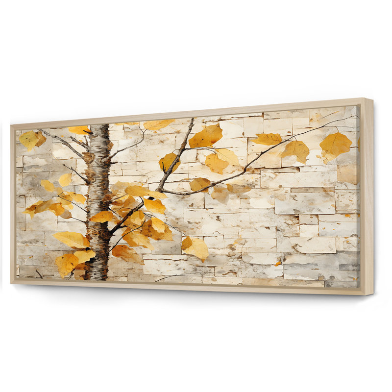 Forêt de bois de bouleau beige et jaune I - arbre, art mural, Cadre flottant brun, H 28 po x l 60 po x P 1,5 po