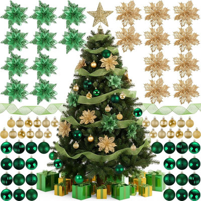 Ensemble de 104 décorations pour arbre de Noël - boules suspendues vertes et dorées, sommet d'arbre, poinsettias artificiels, ruban et boîte-cadeau pour décoration de fête de Noël