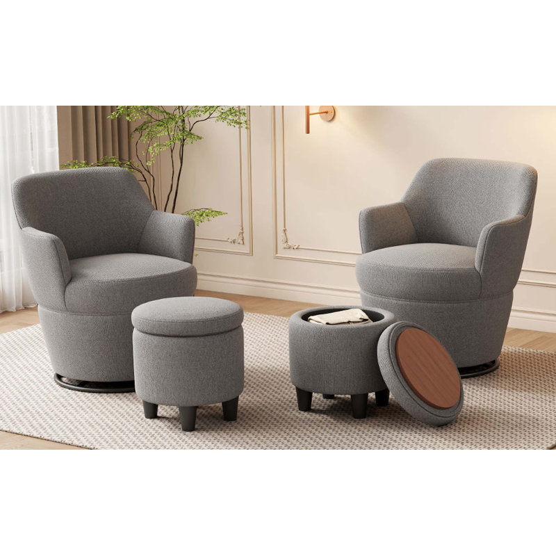 Modern Swivel Accent Chair with Ottoman, White Cotton Linen