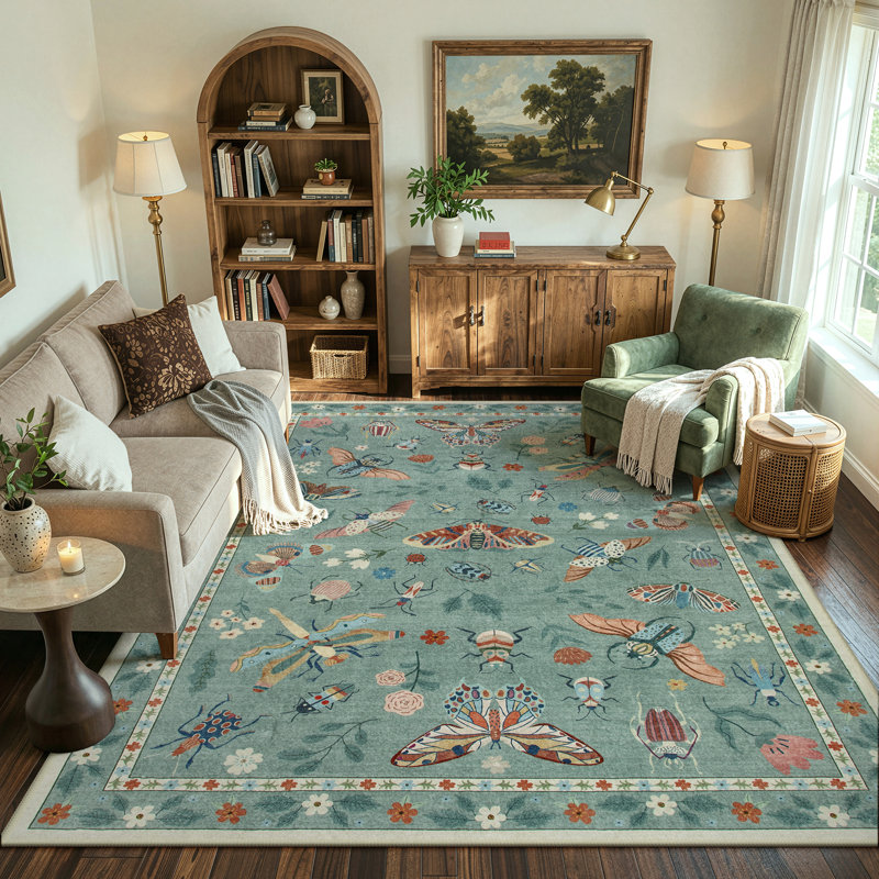 Insect Print Washable Rugs for Living Room Ultra-Thin Non-Slip Modern Bedroom Large Carpet, Rectangle 8' x 10'