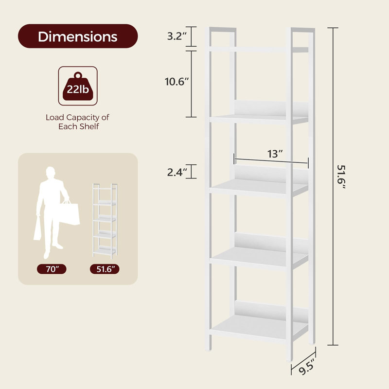 Bibliothèque verticale autoportante à 5 niveaux, (5 tablettes) H 51,6 po x l 13 po x P 9,5 po, White