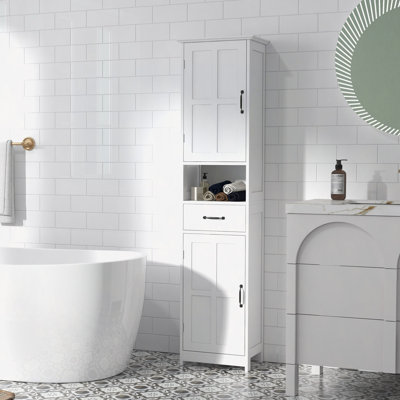 Armoire de rangement pour salle de bain, grande armoire de salle de bain, tour à linge avec tablette ouverte, tiroir, portes encastrées et tablettes réglables