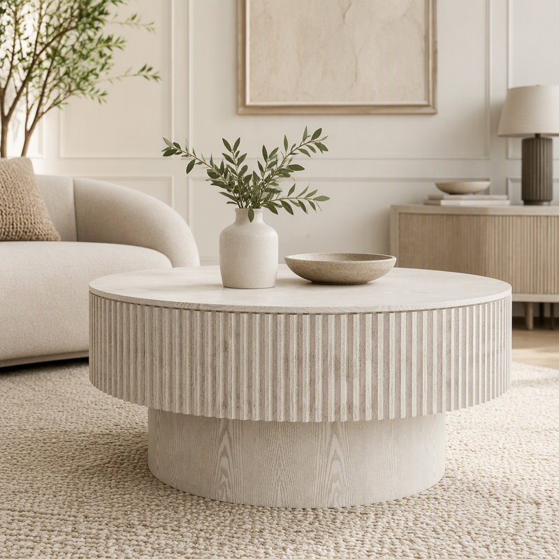 Table basse ronde avec rangement dissimulé, 32 lb, Blanc rétro