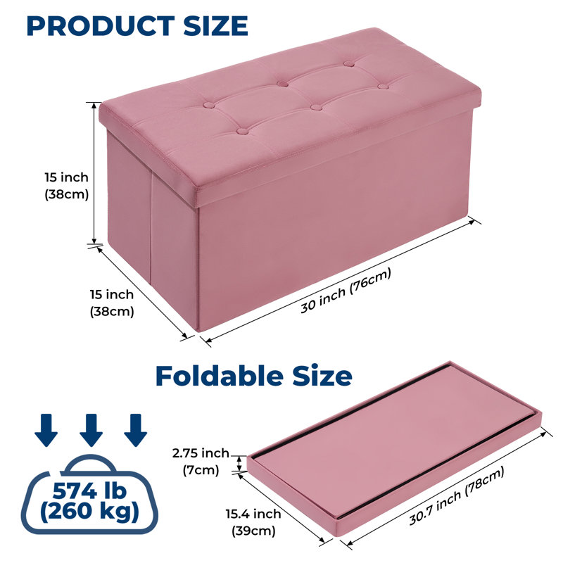 Folding Storage Velvet Bedroom Bench With Storage, Pink, 15" H x 30" W x 15" D
