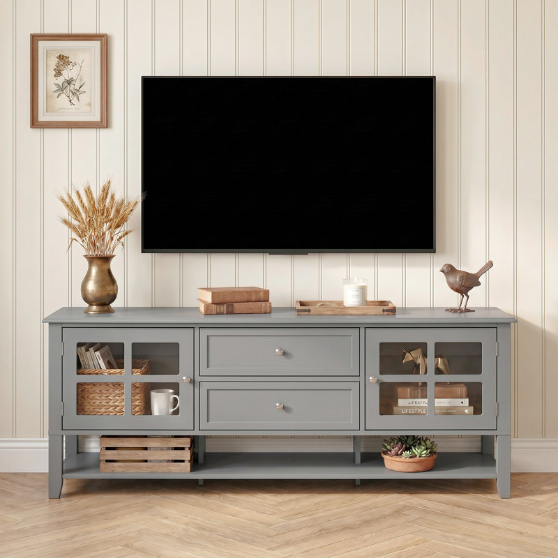 Meuble télé pour téléviseur de 60 po ou moins, centre de divertissement avec 2 tiroirs et rangement, Gris