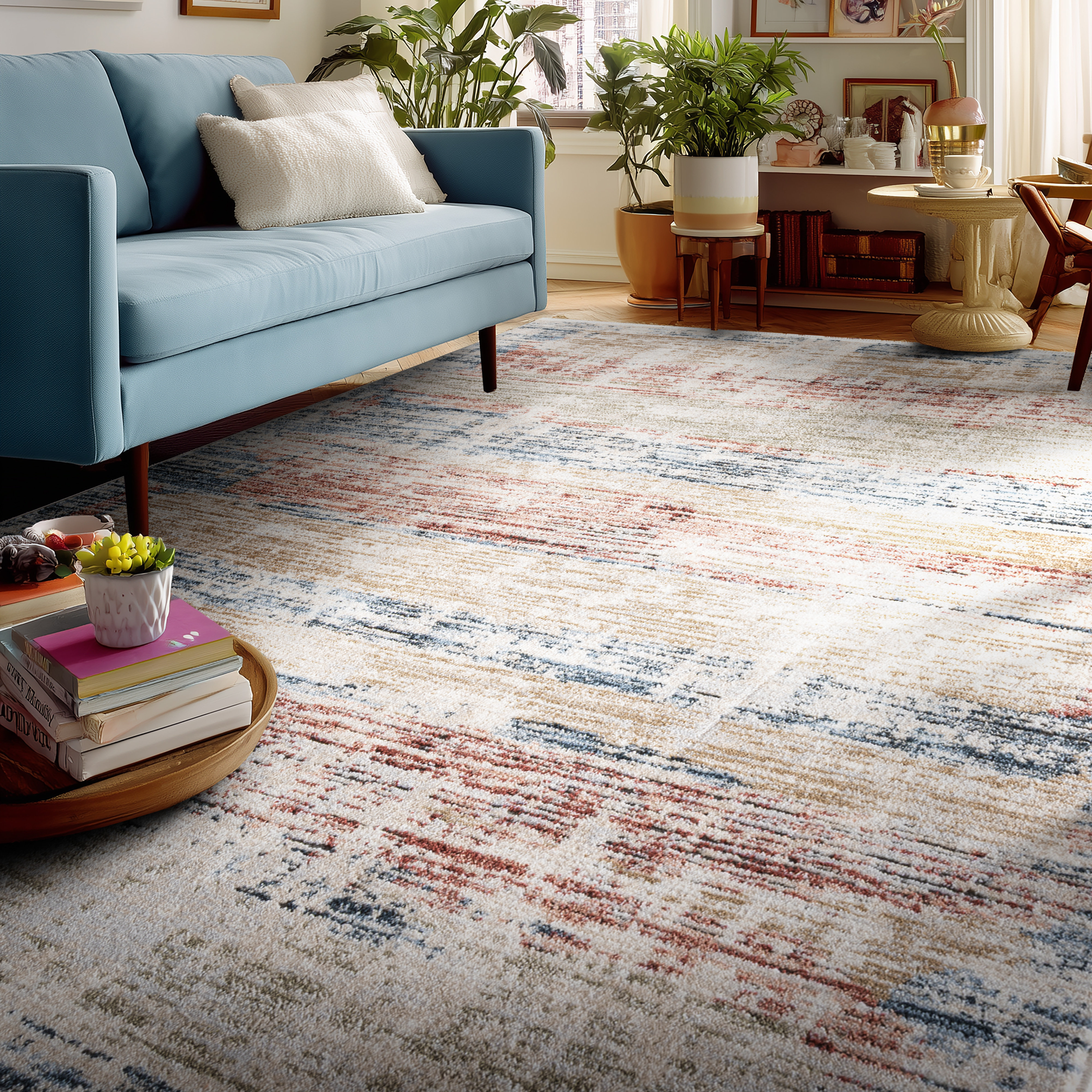 Multicolour Retro Rug Bungalow Rose Mirage Abstract Vintage Multi-Colour Rug with Fringe ...