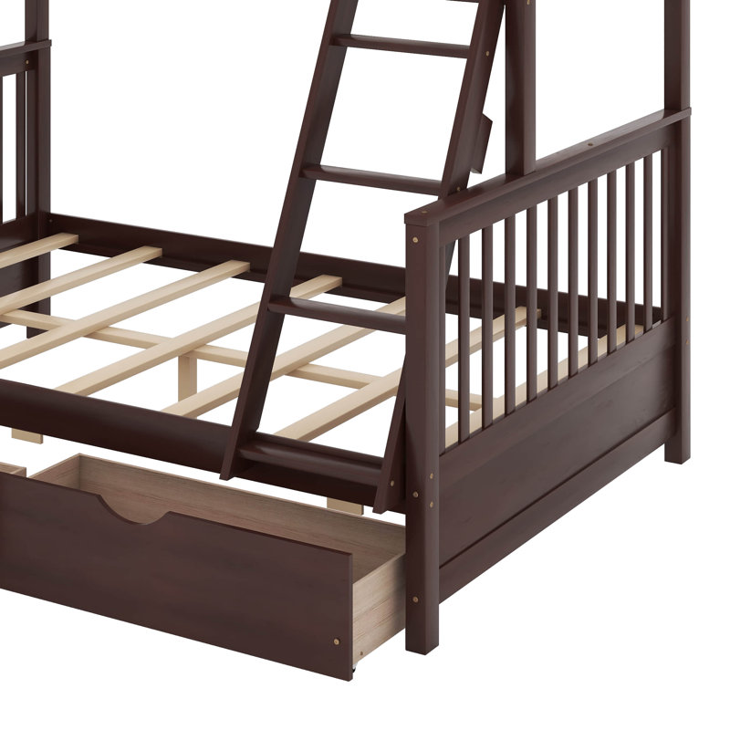 Lit simple superposé au dessus d'un lit double avec échelles et tiroirs, Espresso