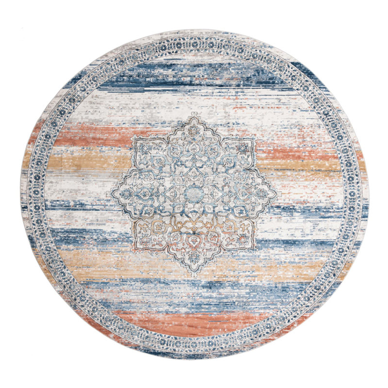 Tapis bleu / blanc / orange à motif abstrait Weingartner, Rond 12 pi