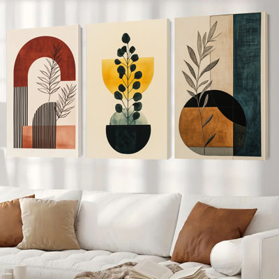 Geometric Abstract Botanical 3-Piece Canvas Print for Retro Minimalist Home