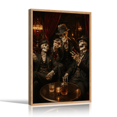 «Three Skeleton Men in Suits Dr buing Whiskey in Halloween», art mural sur toile