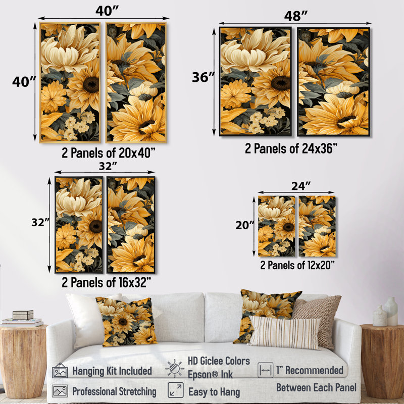 Motif de tournesol jaune rustique - 2 impressions sur toile jaune, H 36 po x l 48 po, Toile tendue sur cadre