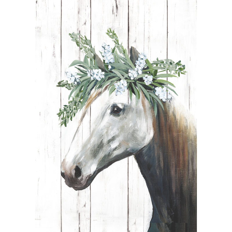 Farmhouse Horse on Background with Floral Crown - Painting Print, Black Floater Framed, 46cm H x 30cm W