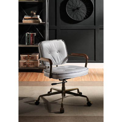 Fauteuil de bureau en cuir blanc - confortable et fonctionnel, pivotant à 360 degrés, hauteur réglable, base, gris antique et option d'espace de travail, look professionnel rétro, coussin de 3 po, mousse D6,5