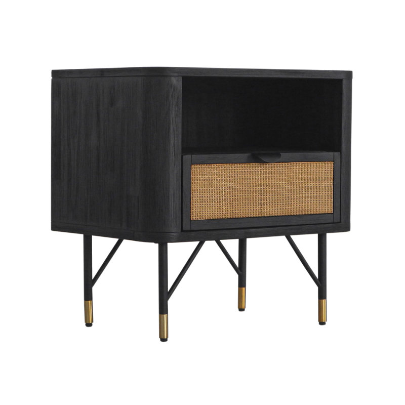 Table de chevet noire en acacia avec détails en rotin