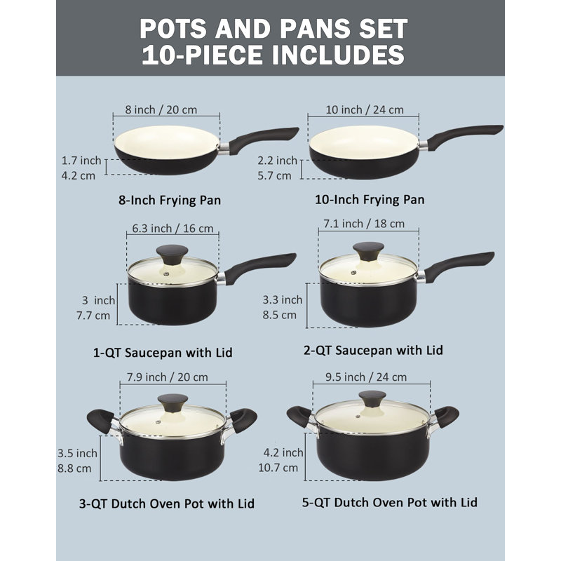 Cook N Home Basics Ceramic Nonstick Pots and Pans Cookware Set, Dutch Ovens and Saucepans with Glass Lid, Frying Pans without Lid, Not Induction, 10-Piece, Black