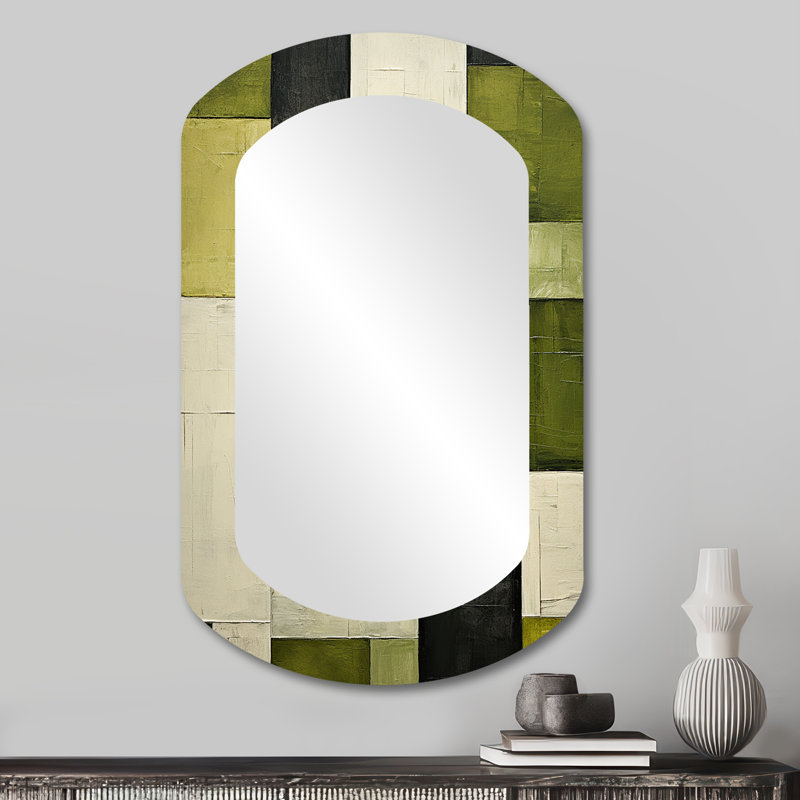 Vanida Green Eco Friendly Cubic collage III - Green Cylinder Large Mirror, Industrial Asymmetrical Unique Wall Mirror Decor, Printed Metal Art