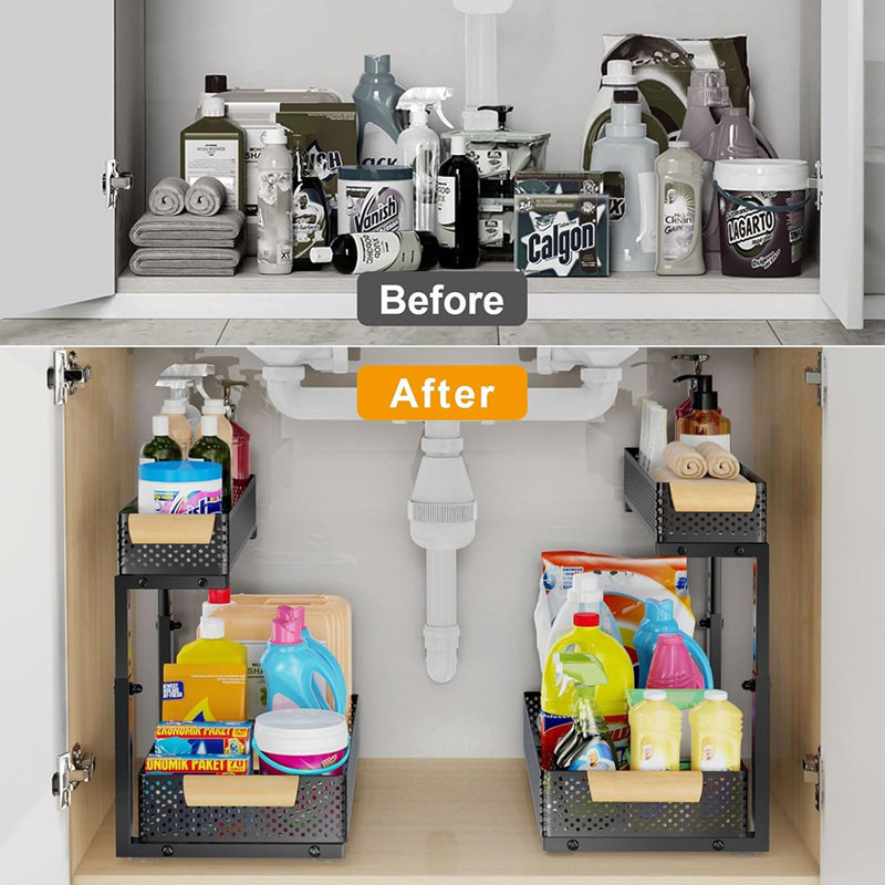 2-Pack 2-Tier Pull-Out Cabinet Organizer, 5-Level Adjustable Metal Slide Shelves For Kitchen & Bathroom