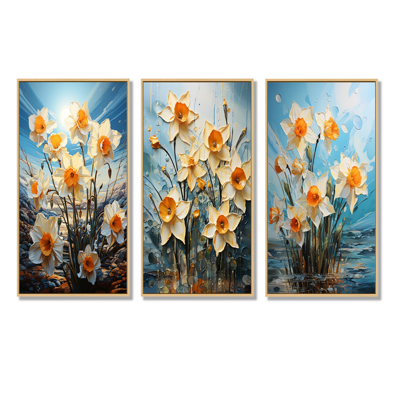 «Daffodil Bloom Sunshine - Daffodils», ensemble de 4 reproductions d'art sur toile, Cadre flottant brun, H 28 po x l 36 po