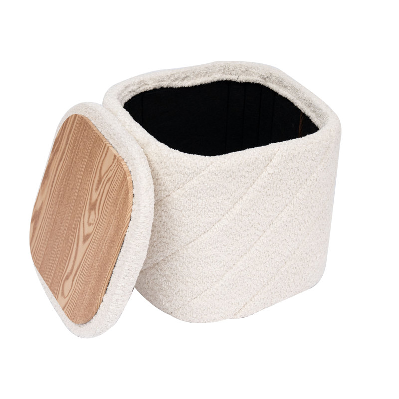 Repose-pieds carré capitonné en chenille avec rangement et plateau rabattable - 15 po x 15 po x 15 po, Ivoire ivoire