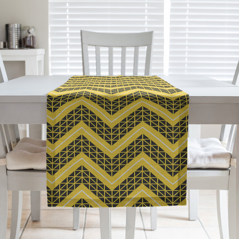 Stephenie Classic Hand Drawn Chevron Table Runner, 16" x 72", Fire Yellow/Black