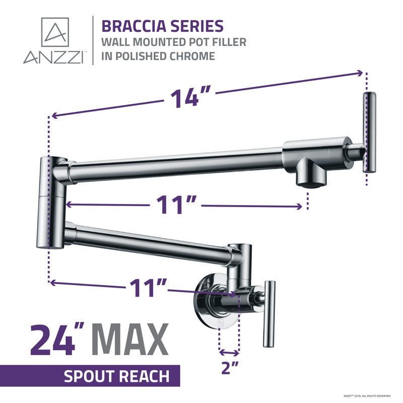 ANZZI Braccia Series 24" Wall Mounted Pot Filler With Accessories, Polished Chrome