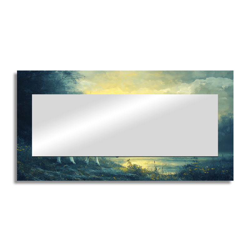 «Countryside Sheep Pastoral Dream» - Art mural miroir animaux - imprimé sur métal, 28" x 55"