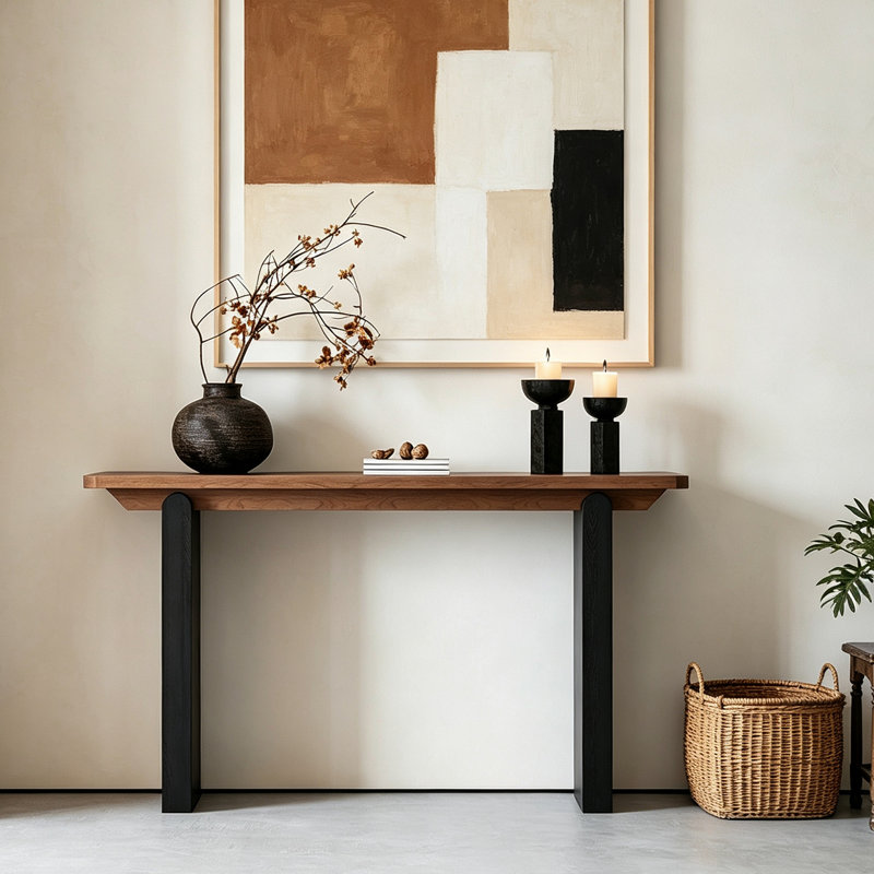 Console Mid-Century en bois massif, H 29,5 po x l 39,4 po x P 13,8 po, Brun, Black