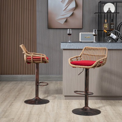 2Pcs Red Swivel Counter Height Bar Stools, With Footrest For Kitchen & Dining, Metal Base, 250Lb Capacity, Linen Upholstered Seating Chair Seat