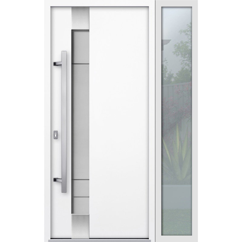 Porte d'entrée extérieure prémontée en acier Deux 1713, émail blanc, fenêtre latérale extérieure noire, inserts en acier inoxydable, style moderne, peinte - L 36 + 12 x H 80 - Ouverture à droite vers l'intérieur