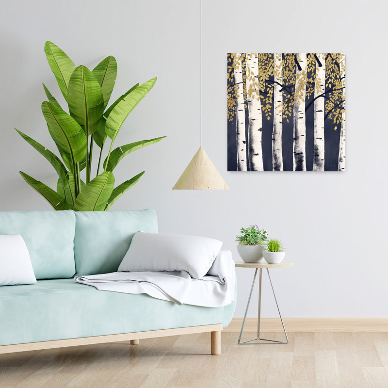 Art contemporain bleu indigo forêt fraîche avec bouleaux, H 24 po x l 24 po